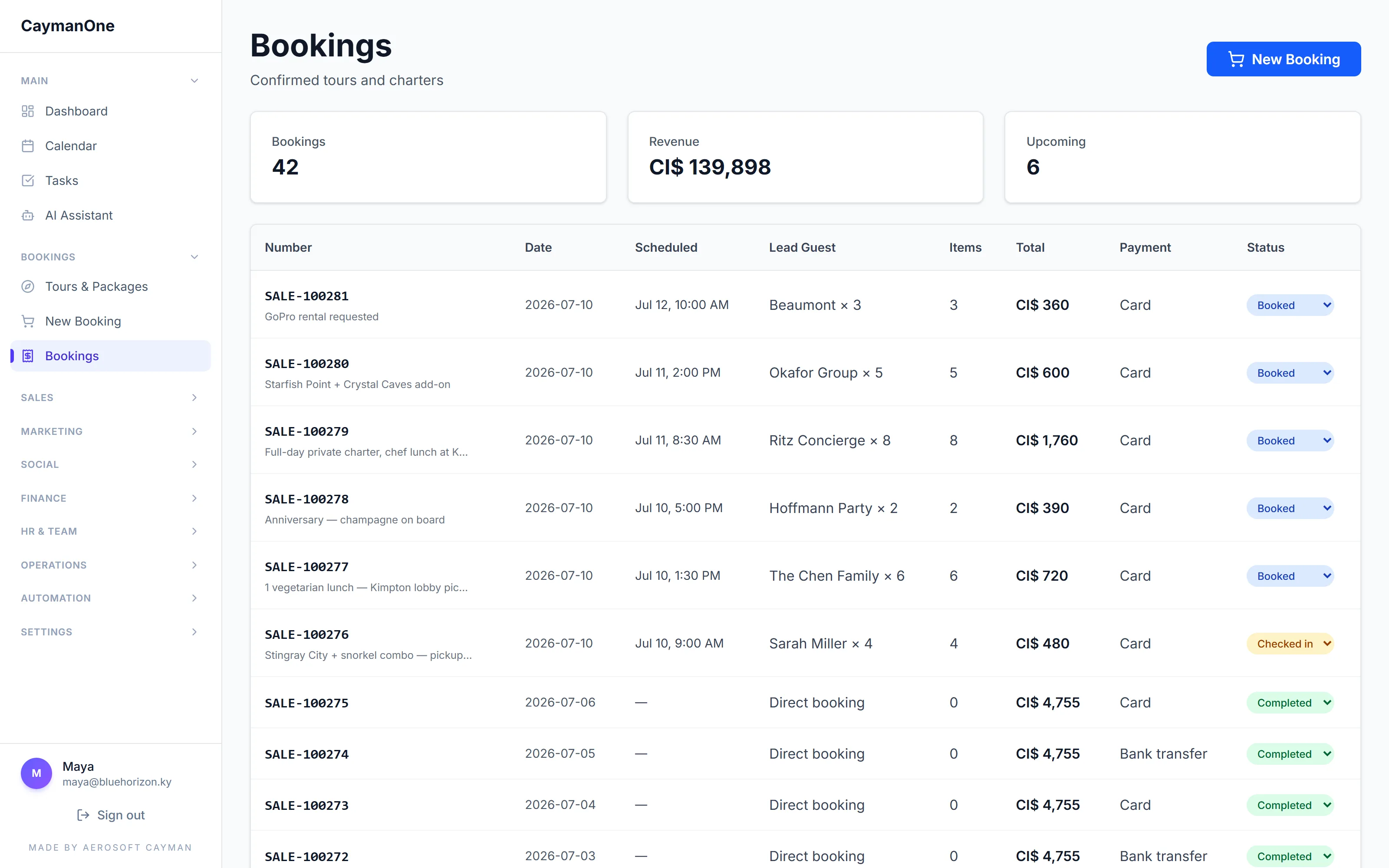 CaymanOne bookings pipeline with guests, totals and status